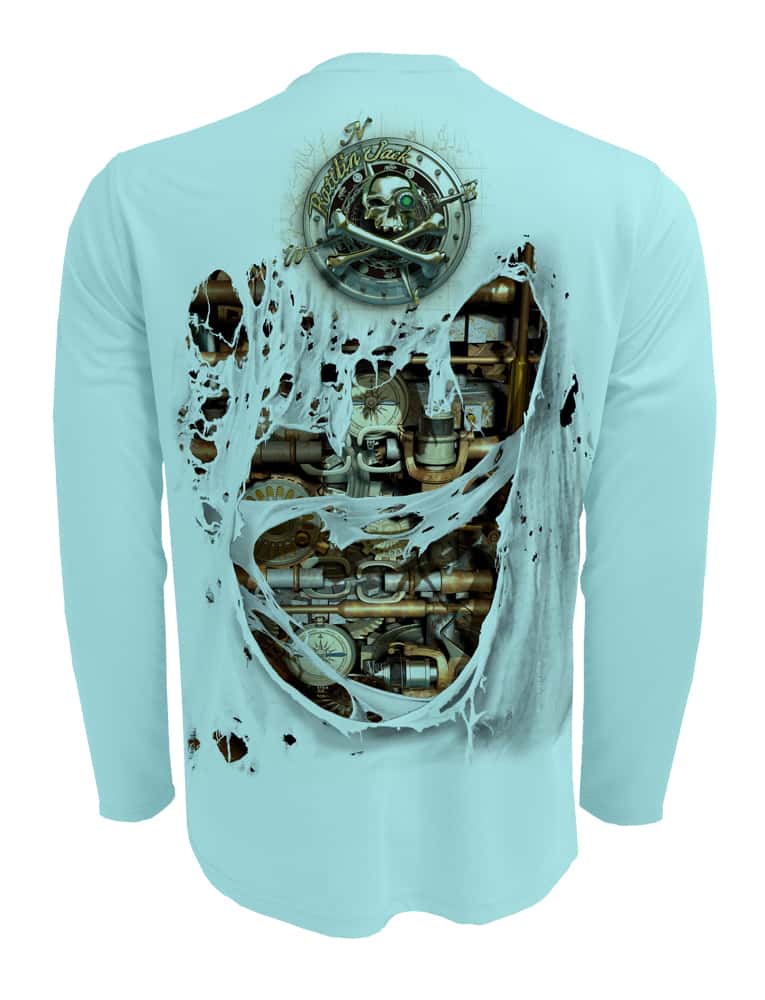 Rattlin-Jack-Fishin-Machine-UV-Fishing-Shirt-Mens Back view in Aqua