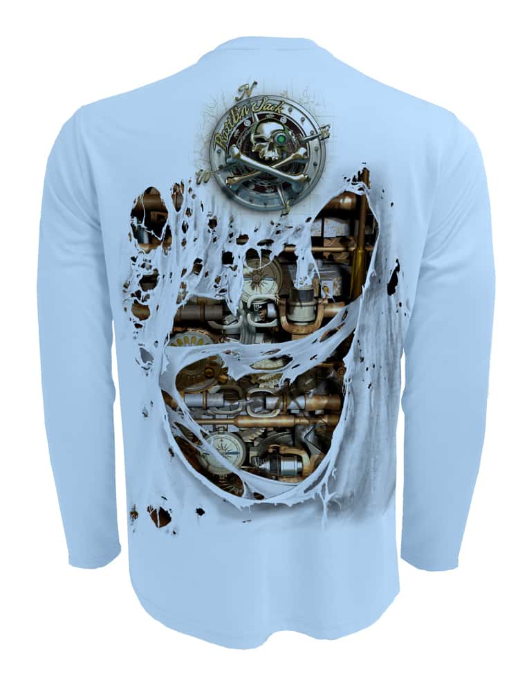 Rattlin-Jack-Fishin-Machine-UV-Fishing-Shirt-Mens Back view in Blue