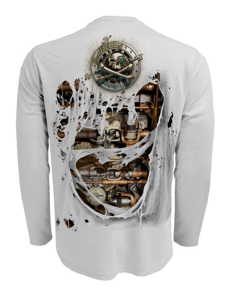 Rattlin-Jack-Fishin-Machine-UV-Fishing-Shirt-Mens Back view in Grey