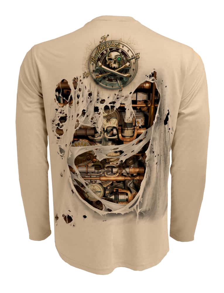 Rattlin-Jack-Fishin-Machine-UV-Fishing-Shirt-Mens Back view in Tan