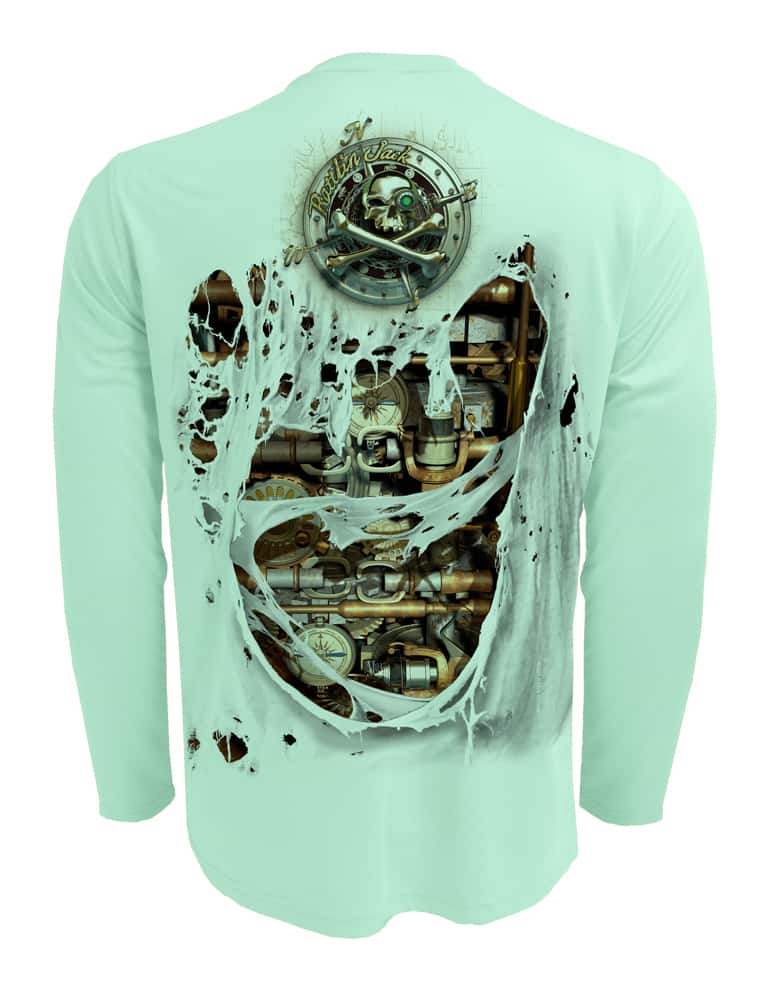 Rattlin-Jack-Fishin-Machine-UV-Fishing-Shirt-Mens Back view in Teal