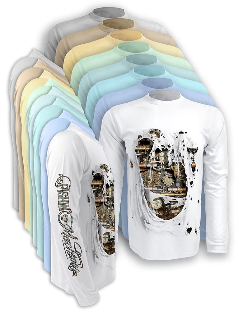 In all colors available of the Rattlin-Jack-Fishin-Machine-UV-Fishing-Shirt-Mens, the machine graphic is on both front and back and all sleeves have "Fishin Machine" on right sleeve in metal tattoo script style