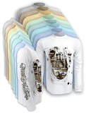 In all colors available of the Rattlin-Jack-Fishin-Machine-UV-Fishing-Shirt-Mens, the machine graphic is on both front and back and all sleeves have "Fishin Machine" on right sleeve in metal tattoo script style