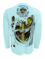 Rattlin-Jack-Gold-Bones-Fishing-Shirt-UV-Mens-Long-Sleeve Back View in Lt.Blue
