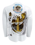 Rattlin-Jack-Gold-Bones-Fishing-Shirt-UV-Mens-Long-Sleeve Back View in White