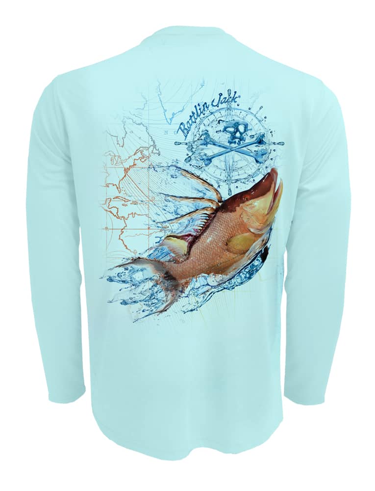 Rattlin-Jack-Hogfish-UV-Spearfishing-Shirt-Mens Back view in Lt.Blue