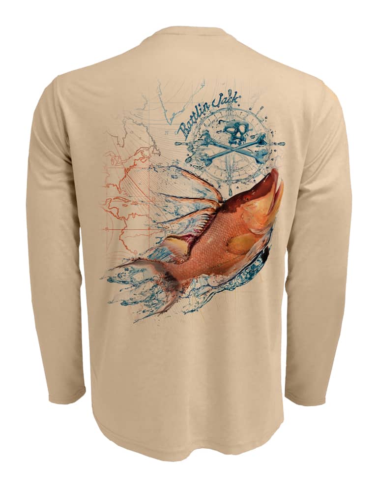 Rattlin-Jack-Hogfish-UV-Spearfishing-Shirt-Mens Back view in Tan