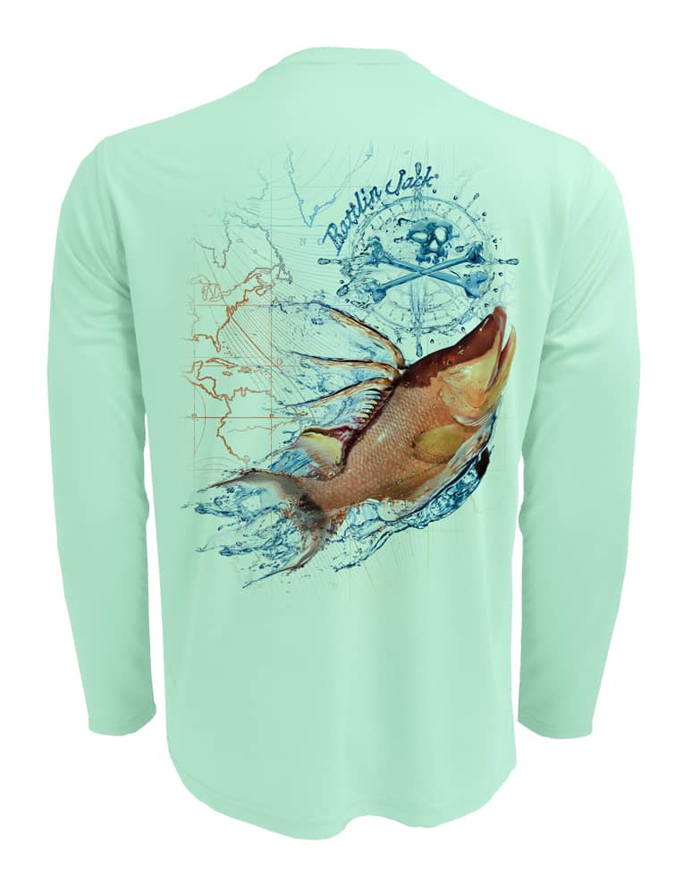 Rattlin-Jack-Hogfish-UV-Spearfishing-Shirt-Mens Back view in Teal