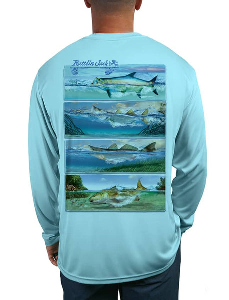 Men's Walleye UPF 50 Fishing Shirt by Rattlin Jack | Long Sleeve | UV Protection | Performance Polyester Rash Guard | M / Aqua