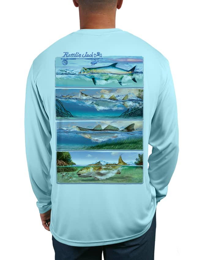 Rattlin-Jack-Tail-Walking-Bass-Fishing-Shirt-Mens-UV Back View in Lt.Blu