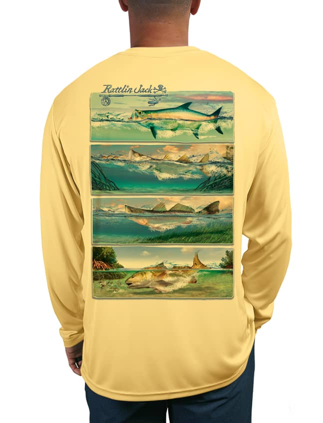 Rattlin-Jack-Tail-Walking-Bass-Fishing-Shirt-Mens-UV Back View in Yellow