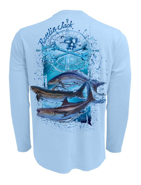 Men's Cobia Sun Protection Fishing Shirt by Rattlin Jack | Long Sleeve | UPF 50 | Wicking | Performance Polyester Rash Guard | L / LT.BLUE