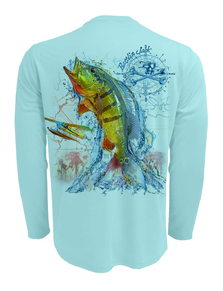 Rattlin-Jack-Peacock-Bass-Fishing-Shirt-UPF-50-Mens Back View in Aqua