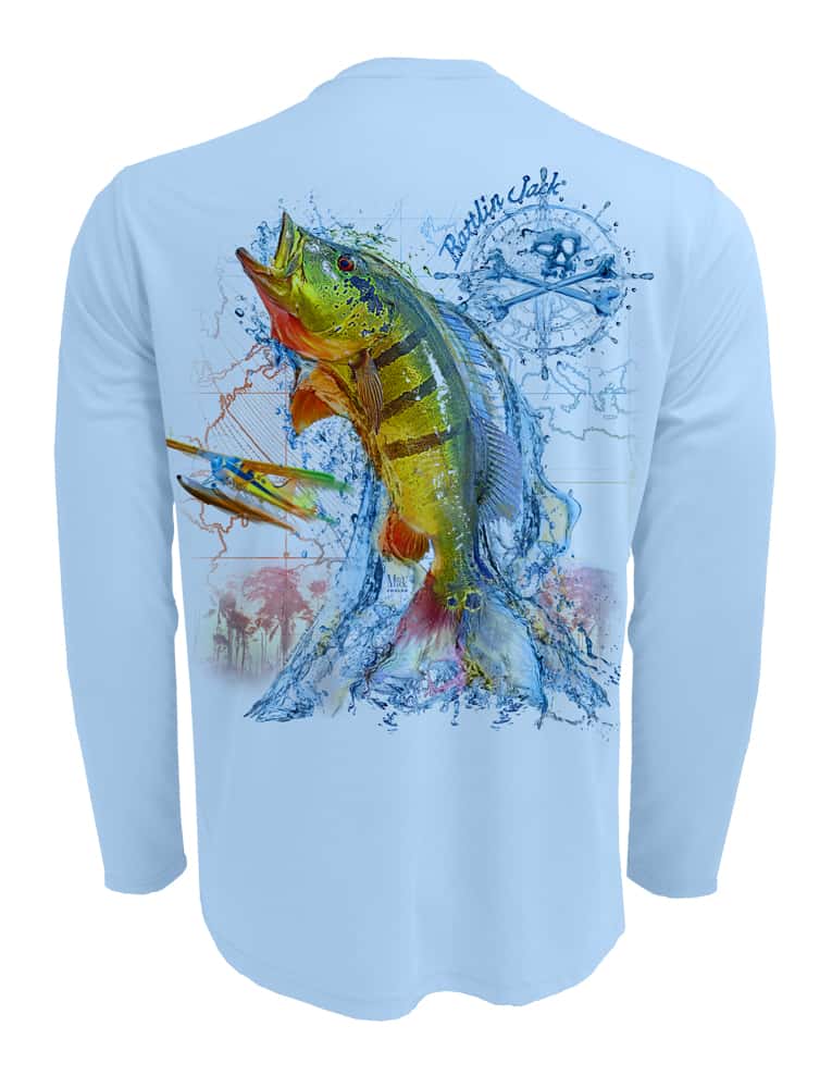 Rattlin-Jack-Peacock-Bass-Fishing-Shirt-UPF-50-Mens Back View in Blue