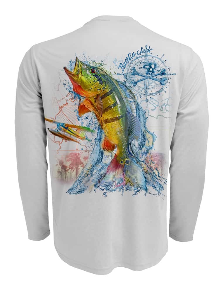 Rattlin-Jack-Peacock-Bass-Fishing-Shirt-UPF-50-Mens Back View in Grey