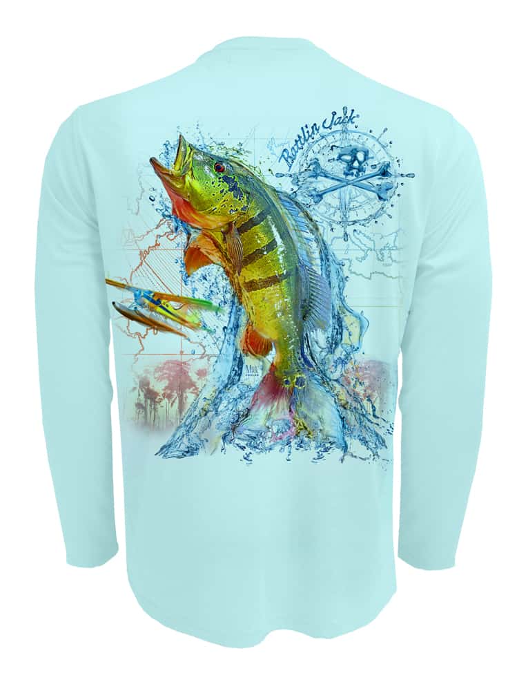 Rattlin-Jack-Peacock-Bass-Fishing-Shirt-UPF-50-Mens Back View in Lt.Blue