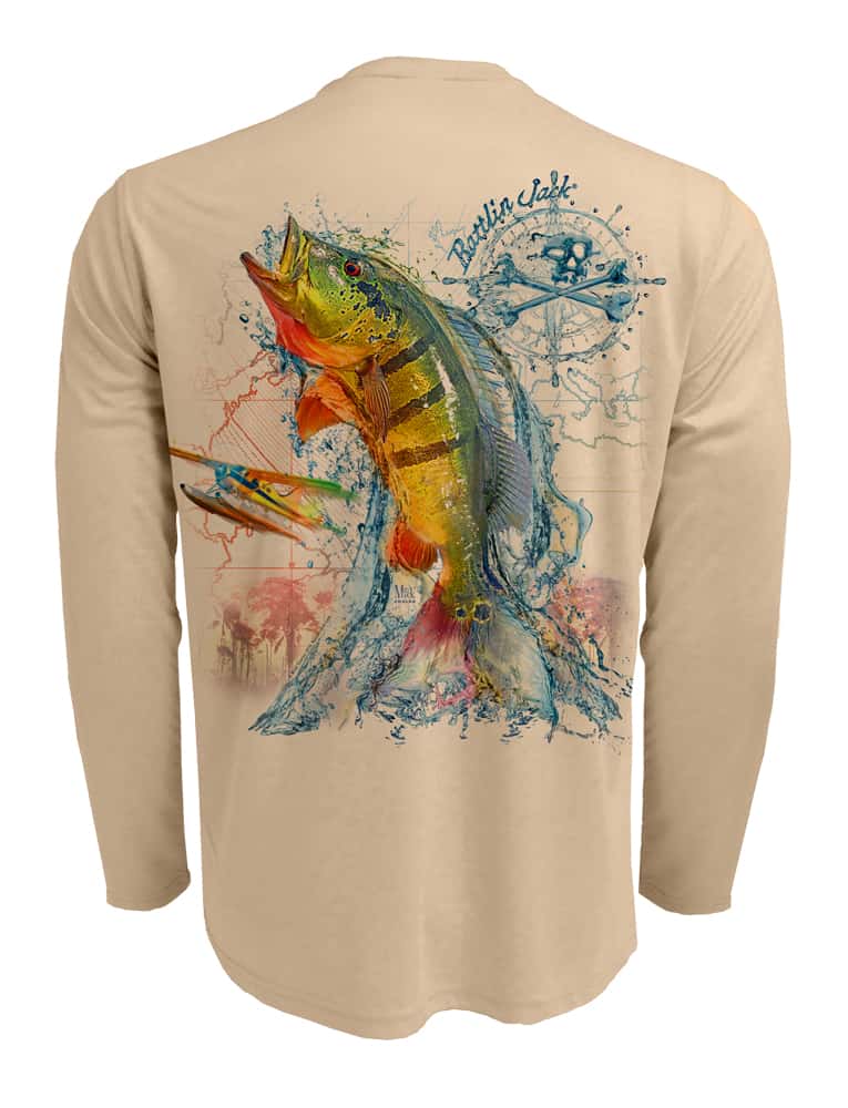 Rattlin-Jack-Peacock-Bass-Fishing-Shirt-UPF-50-Mens Back View in Tan