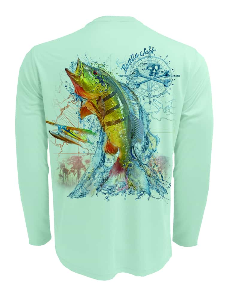 Rattlin-Jack-Peacock-Bass-Fishing-Shirt-UPF-50-Mens Back View in Teal