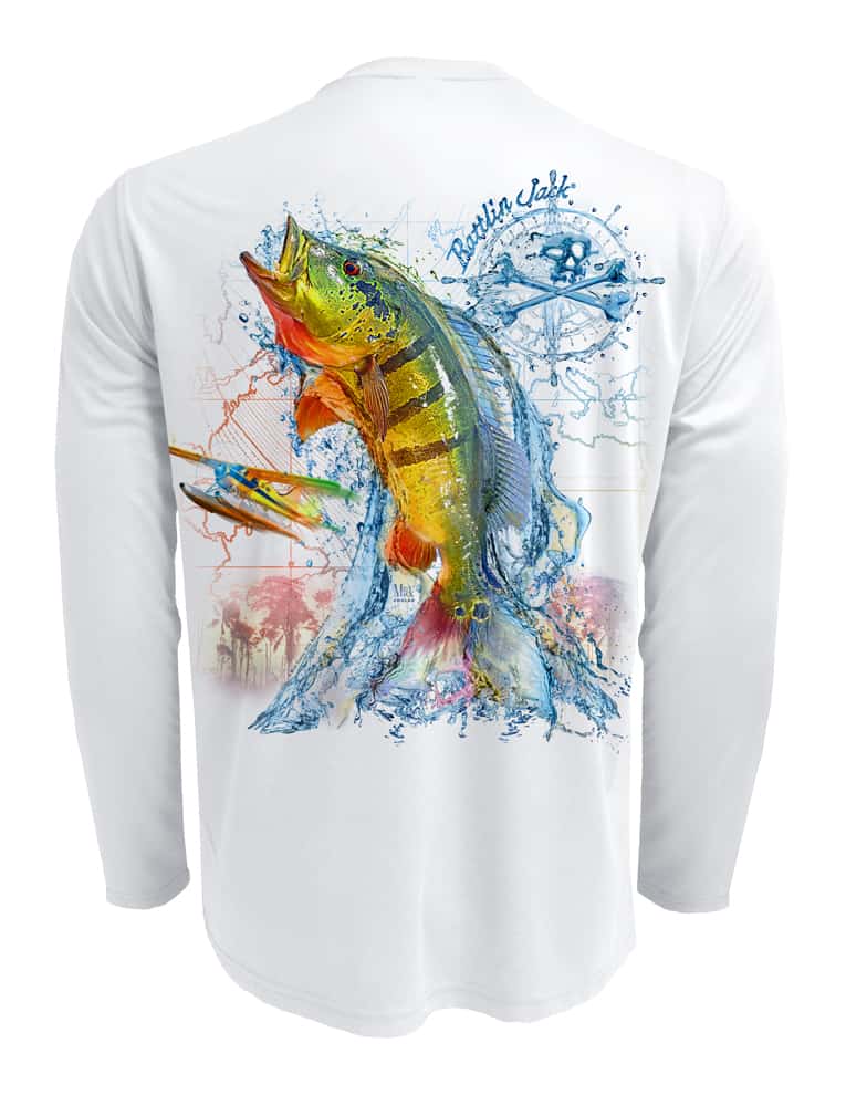 Rattlin-Jack-Peacock-Bass-Fishing-Shirt-UPF-50-Mens Back View in White