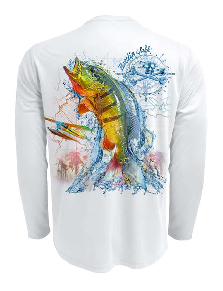 Men's Peacock Bass Fishing Shirt | UPF 50 by Rattlin Jack | Long Sleeve | UV Sun Protection | Performance Polyester Rash Guard | 2XL / Teal