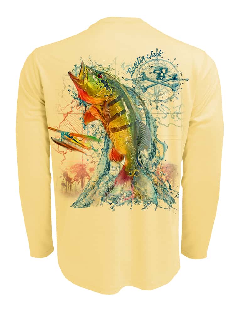 Rattlin-Jack-Peacock-Bass-Fishing-Shirt-UPF-50-Mens Back View in Yellow