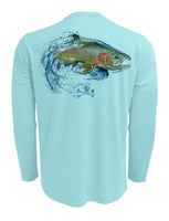 Rattlin-Jack-Rainbow-Trout-Fishing-Shirt-Mens-UV Back View in Aqua