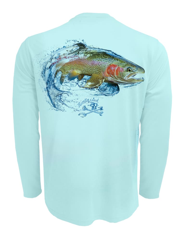 Rattlin-Jack-Rainbow-Trout-Fishing-Shirt-Mens-UV Back View in Lt.Blue