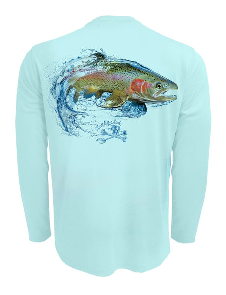 Men's UV Rainbow Trout Fishing Shirt by Rattlin Jack | Long Sleeve | UPF 50 Sun Protection | Performance Polyester Rash Guard | 2XL / LT.BLUE