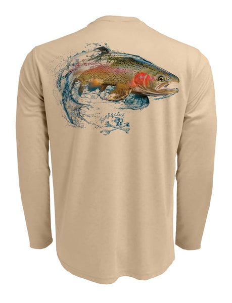 Men's UV Rainbow Trout Fishing Shirt by Rattlin Jack | Long Sleeve | UPF 50 Sun Protection | Performance Polyester Rash Guard | L / Tan
