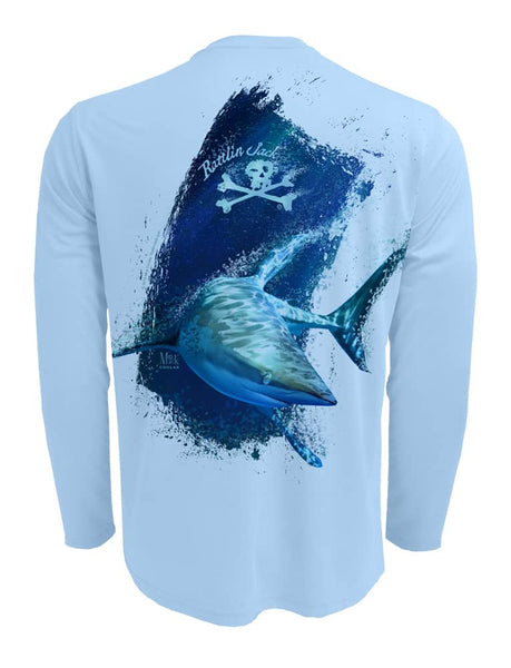 Men's Shark UV Fishing Shirt by Rattlin Jack | Long Sleeve | UPF 50 Sun Protection | Performance Polyester Rash Guard | M / Blue
