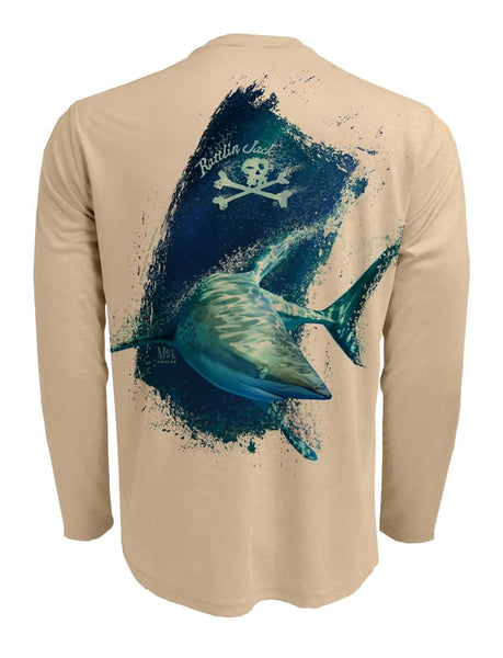 Men's Shark UV Fishing Shirt by Rattlin Jack | Long Sleeve | UPF 50 Sun Protection | Performance Polyester Rash Guard | XL / Tan