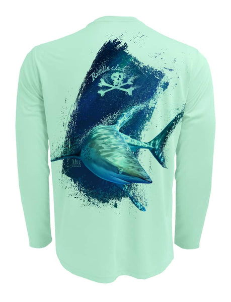 Men's Shark UV Fishing Shirt by Rattlin Jack | Long Sleeve | UPF 50 Sun Protection | Performance Polyester Rash Guard | XL / Aqua