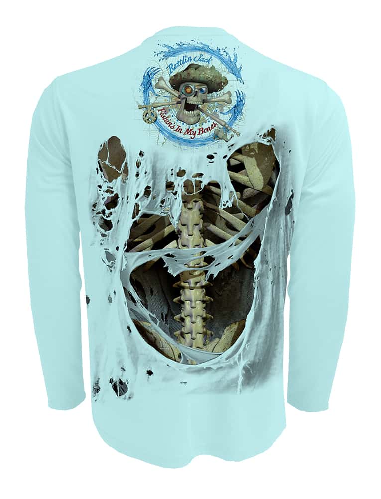 Rattlin-Jack-Skeleton-Bones-UV-Fishing-Shirt-Mens-UPF-50 Back View Lt.Blue