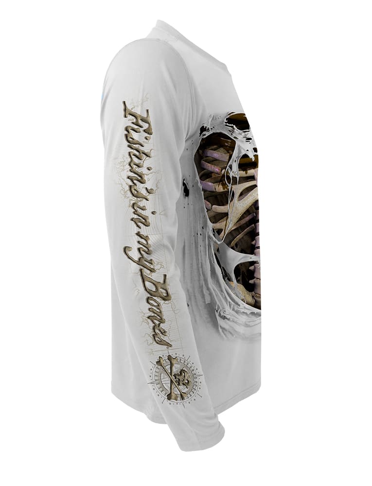 Rattlin-Jack-Skeleton-Bones-UV-Fishing-Shirt-Mens-UPF-50 Right Sleeve shown in White on the 