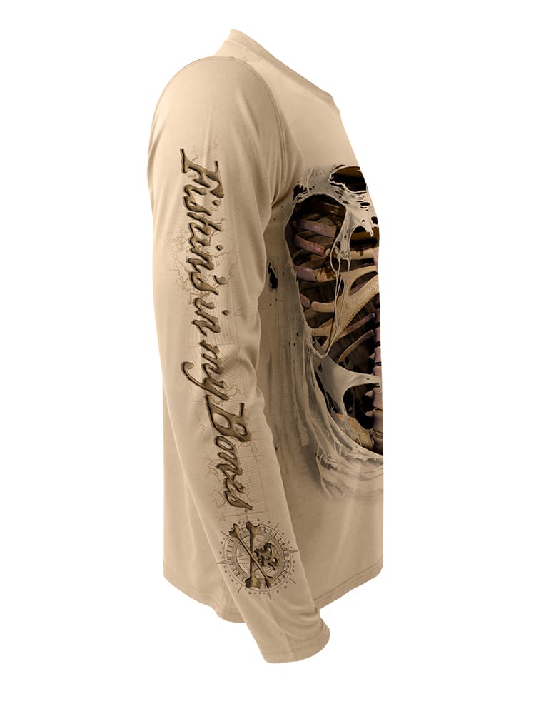 Rattlin-Jack-Skeleton-Bones-UV-Fishing-Shirt-Mens-UPF-50 Right Sleeve shown in Tan on the 