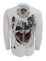 Rattlin-Jack-Skeleton-Steel-Bones-Fishing-Shirt-Mens Back view in Grey
