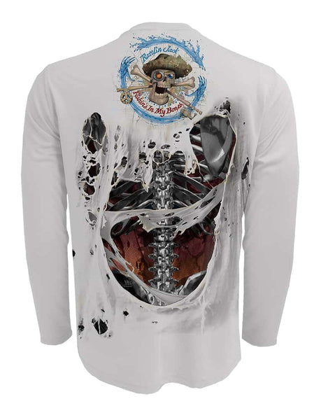 Rattlin-Jack-Skeleton-Steel-Bones-Fishing-Shirt-Mens Back view in Grey