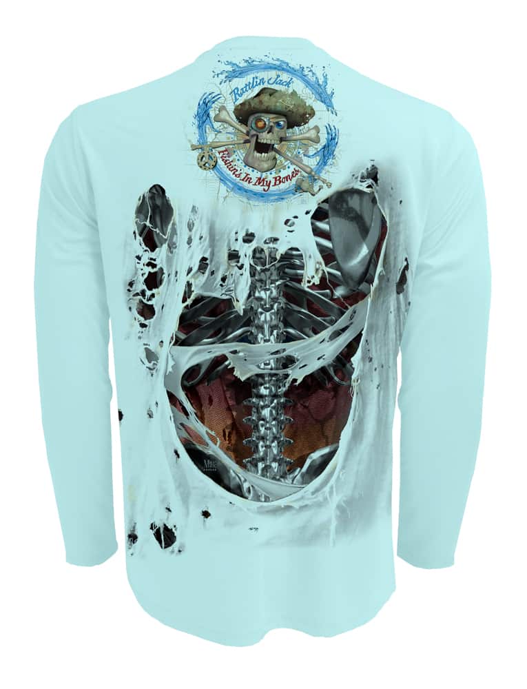 Rattlin-Jack-Skeleton-Steel-Bones-Fishing-Shirt-Mens Back view in Lt.Blue