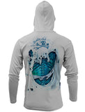 Rattlin-Jack-Skeleton-Water-Fishing-Shirt-Mens-UV Back View with hood up in Grey
