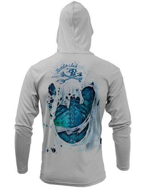Men's Skeleton Water Bones UV Hooded Fishing Shirt by Rattlin Jack | UPF 50 Sun Protection | Performance Polyester Rash Guard | M / Teal