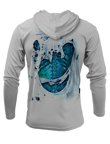 Men's Skeleton Water Bones UV Hooded Fishing Shirt by Rattlin Jack | UPF 50 Sun Protection | Performance Polyester Rash Guard | L / Grey