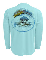Rattlin-Jack-Skull-Logo-Brown-Trout-Mens-Long-Sleeve Back View in Aqua
