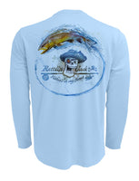 Rattlin-Jack-Skull-Logo-Brown-Trout-Mens-Long-Sleeve Back View in Blue
