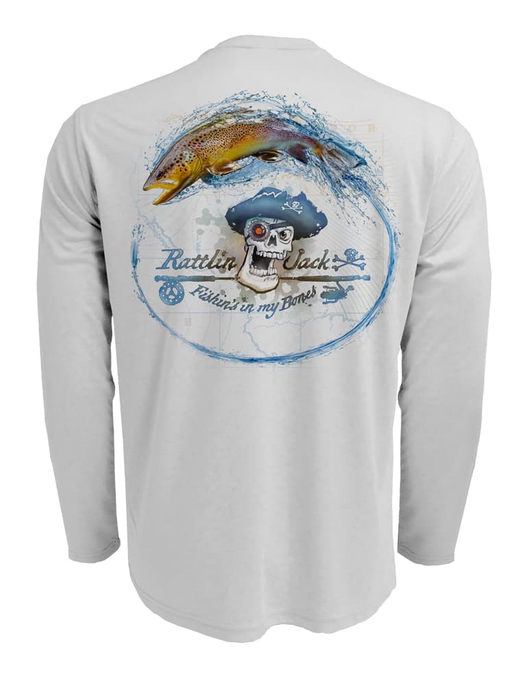 Rattlin-Jack-Skull-Logo-Brown-Trout-Mens-Long-Sleeve Back View in Grey