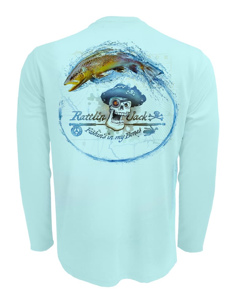 Rattlin-Jack-Skull-Logo-Brown-Trout-Mens-Long-Sleeve Back View in Lt.Blu