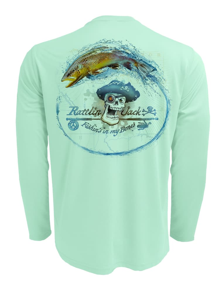 Rattlin-Jack-Skull-Logo-Brown-Trout-Mens-Long-Sleeve Back View in Teal