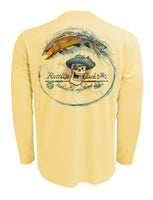 Rattlin-Jack-Skull-Logo-Brown-Trout-Mens-Long-Sleeve Back View in Yellow