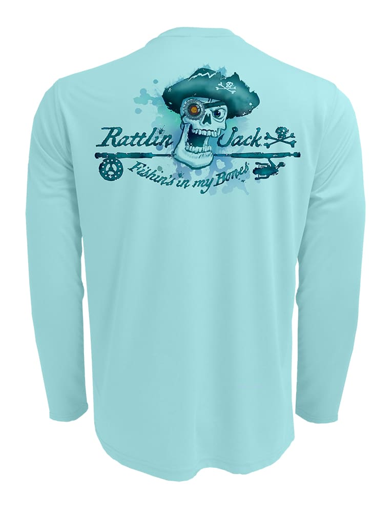 Rattlin-Jack-Skull-Logo-Fishing-Shirt-UPF-50-Mens-Dry-Fit Back view in Aqua