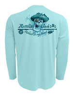 Rattlin-Jack-Skull-Logo-Fishing-Shirt-UPF-50-Mens-Dry-Fit Back view in Aqua