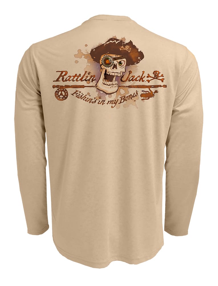 Rattlin-Jack-Skull-Logo-Fishing-Shirt-UPF-50-Mens-Dry-Fit Back view in Tan